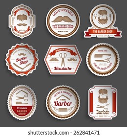 Barber shop paper stickers haircut and hairdresser accessories set isolated vector illustration