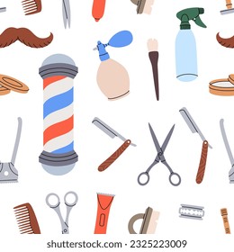 Barber shop pattern. Hairdresser seamless banner. Barber shop tools. Colored hairdresser tools background.