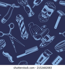 Barber shop pattern. Vintage hairstyles symbols scissors and blade for male beard hairs exact vector seamless background