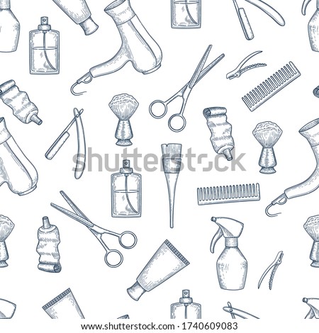 Barber shop pattern. Vintage razor comb scissors beauty salon items vector seamless background