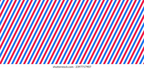 Barber shop pole background. Abstract diagonal line seamless pattern. Striped repeating wallpaper. Red, white and blue repeating texture. Vector wrapping paper backdrop