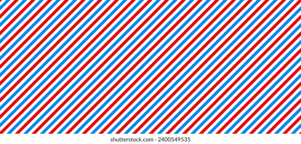 Barber shop pole background. Abstract diagonal line seamless pattern. Striped repeated wallpaper. Red, white and blue repeating texture. Wrapping paper backdrop. Vector decor illustration