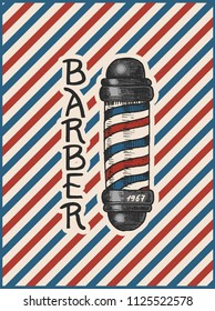 Barber shop pole badge label logo. Hipster emblem for signboard Haircut of beard and mustache. Engraved hand drawn in old vintage sketch. Modern Lettering