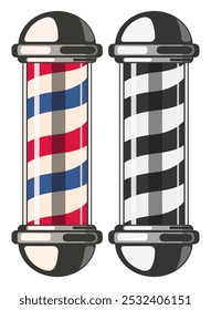 Barber shop pole icons. Colored design and monochrome. Vector illustrations isolated on a white background. Barber pole lamp, classic, salon.