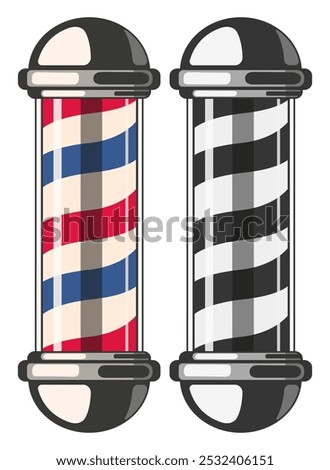 Barber shop pole icons. Colored design and monochrome. Vector illustrations isolated on a white background. Barber pole lamp, classic, salon.