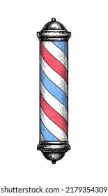 Barber shop pole. Ink sketch isolated on white background. Hand drawn vector illustration. Vintage style stroke drawing.