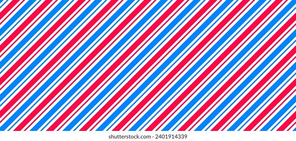 Barber shop pole pattern. Abstract diagonal line seamless background. Slanted stripes repeating wallpaper. Red, white and blue repeated texture. Vector wrapping paper backdrop and illustration