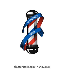 Barber shop pole and ribbon with text.