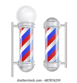Barber Shop Pole Vector. 3D Classic Barber Shop Pole. Red, Blue, White Stripes. Isolated On White Illustration
