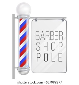 Barber Shop Pole Vector. Old Fashioned Vintage Silver And Glass Barber Shop Pole. Red, Blue, White Stripes. Isolated