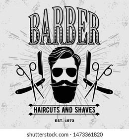 Barber shop poster, banner template with hipster face. Vector illustration