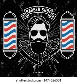 Barber shop poster, banner template with hipster face. Vector illustration