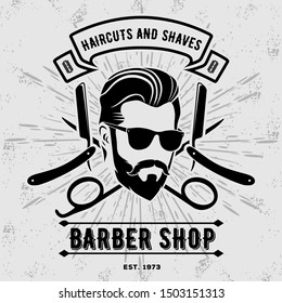 Barber shop poster, banner template with hipster face. Vector illustration