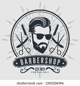 Barber shop poster, banner template with hipster face. Vector illustration