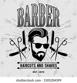 Barber shop poster, banner template with hipster face. Vector illustration