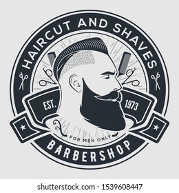 Barber shop poster, banner template with hipster face. Vector illustration