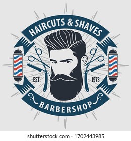 Barber shop poster, banner template design with Bearded men and barber pole. Vector illustration
