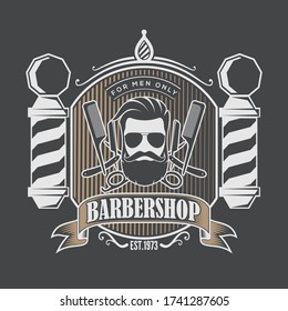 Barber shop poster, banner template with Bearded men in sunglasses. Vector illustration