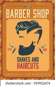 Barber shop poster with bearded stylish gentleman and equipment in vintage style vector illustration