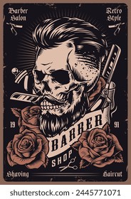 Friseurshop Poster Bunter Totenkopf mit Hipster-Frisur und Schnurrbart in der Nähe von Haarschneiderschere und Rosen oder Rasiermesser-Vektorillustration