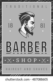 Barber Shop Poster. Grey colors. Hairstyle Man with Mustache and Beard.