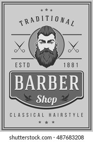 Barber Shop Poster. Grey Colors. Hairstyle Man with Mustache and Beard.