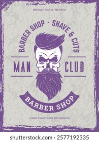 Barber shop poster. retro style placard for man club with skull and mustaches illustration