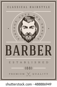 Barber Shop Poster. Sepia Vintage Colors. Hairstyle Man with Mustache and Beard.