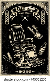 Barber shop poster template. Barber chair and tools on grunge background. Design element for emblem, sign, poster, card, banner. Vector illustration