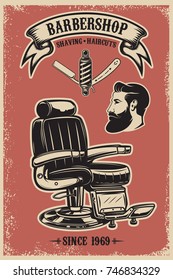 Barber shop poster template. Barber chair and tools on grunge background. Design element for emblem, sign, poster, card, banner. Vector illustration