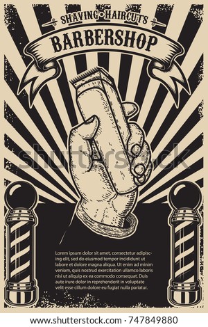 barber shop poster template. Human hand with hair clipper. Design element for card, banner, flyer. Vector illustration
