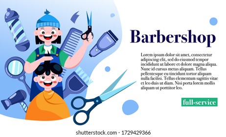Barber shop poster vector illustration. Hipster barber stylist with scissors shop design in vintage pop art style.Vector background with barbershop.