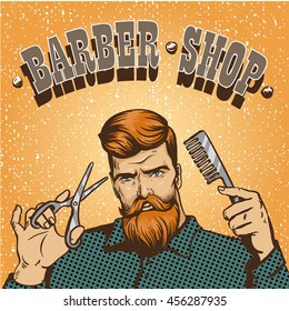 Barber shop poster vector illustration. Hipster barber stylist with scissors shop design in vintage pop art style.