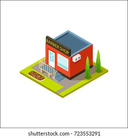 Barber shop private isometric building, small establishment with trees and staircase, represented on vector illustration isolated on white