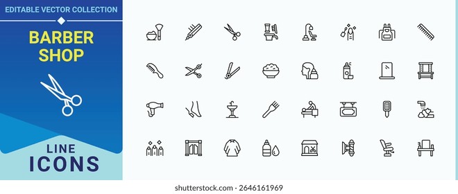 Barber Shop related icon set. Contain linear sign barbershop, grooming, barber, hair salon, hairstyle and more. Salon modern icon set. Vector outline icons collection. Editable vector stroke.