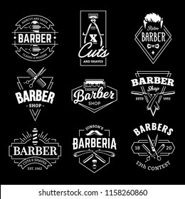 Barber Shop Retro Emblems in art deco style. Set of stylish barber logo templates. White monochrome vector art isolated on black.