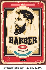 Barber shop retro poster design with man portrait graphic. Vintage advertisement for men salon for haircuting and shaving. Vintage vector sign template.