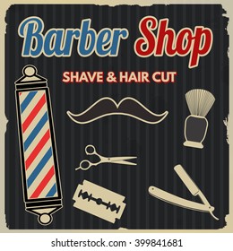 Barber shop retro poster design template on dark background, vector illustration