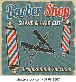 Barber shop retro poster design template on blue background, vector illustration