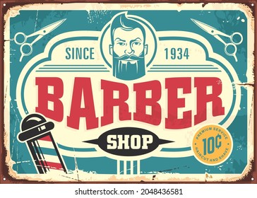 Barber shop retro sign design with bearded man portrait, Vintage barber sign board template. Haircut and shave old inscription advertisement.