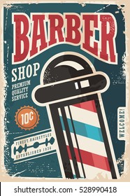Barber Shop retro vector poster design template on blue background