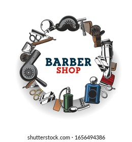 Barber shop salon, haircut tools. Barbershop equipment and barber tools, beard trimmer, mustache shaving brush and razor blade, scissors, comb and hair dryer. Hipster and gentlemen hairdresser