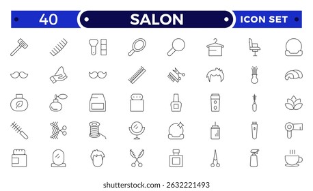 Barber shop and salon outline icons set. Containing styling tools, scissors, comb, clipper, and more. Modern outline icons collection. 
