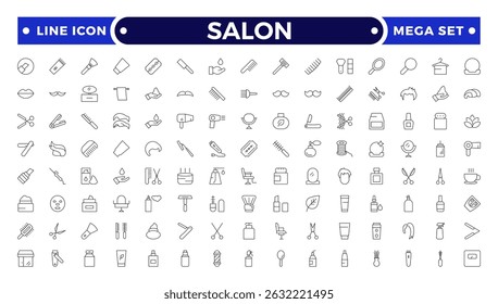 Barber shop and salon outline icons set. Containing styling tools, scissors, comb, clipper, and more. Modern outline icons collection. 
