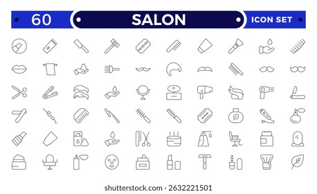 Barber shop and salon outline icons set. Containing styling tools, scissors, comb, clipper, and more. Modern outline icons collection. 

