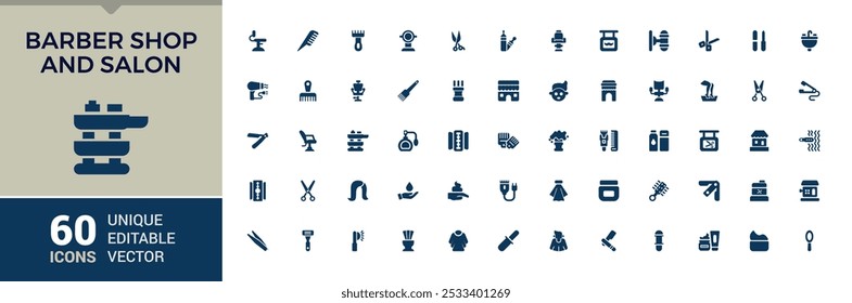 Barber shop and salon solid icons set. Containing styling tools, scissors, comb and more. Modern filled icons collection. Editable vector illustration.