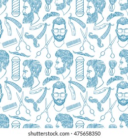 barber shop. seamless background of hairdressing accessories and bearded men. hand-drawn illustration