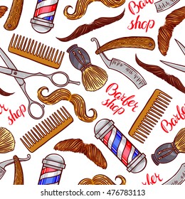 barber shop. seamless background of hairdressing accessories and different mustache. hand-drawn illustration