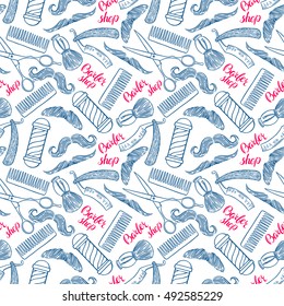 barber shop. seamless background of hairdressing accessories and different mustache. hand-drawn illustration