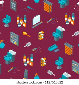 Barber Shop Seamless Pattern Background Isometric View Include of Scissors, Brush, Hairdryer and Comb . Vector illustration of Barbershop Signs
